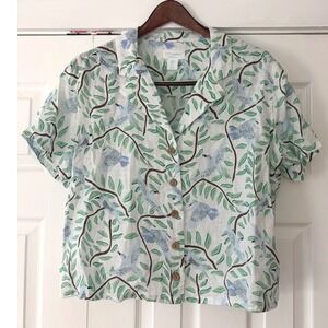 Cynthia Rowley Womens Blue Green Bird Print 100% Linen Short Sleeve Shirt Size M
